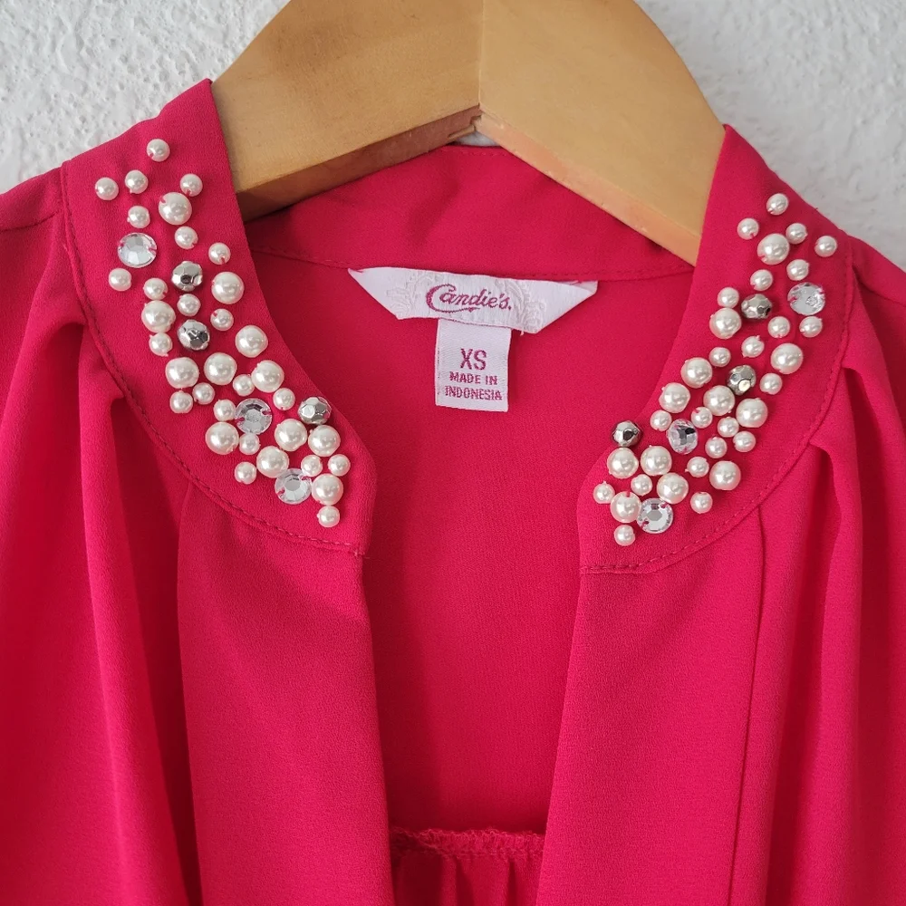 Candie's Hot Pink Long Sleeve Beaded Collar Blouse Sz XS | Going Out Top 2010's - Picture 2 of 7